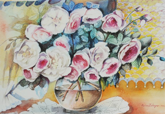 Marine Zuloyan, Watercolors, STILL LIFE WITH ROSES